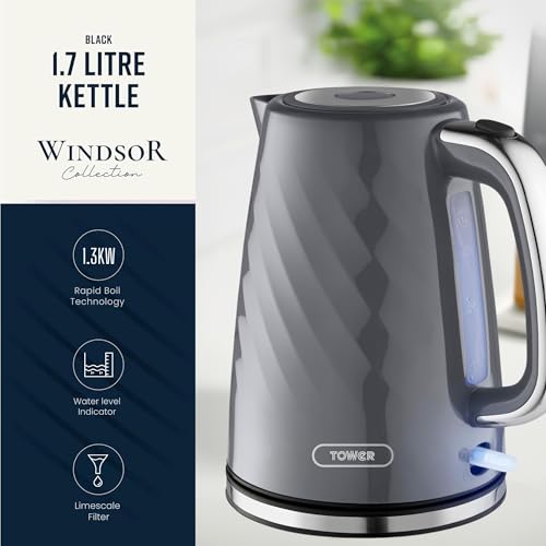 Image of Tower Premium Windsor Electric Kettle 1.7L, 1350W | Strix Controller, Rapid Boil in 45 Seconds, Auto Shut-Off, Boil-Dry Protection, 360 Power Base, Water Level Indicator, 2.5 Year Warranty (Grey)