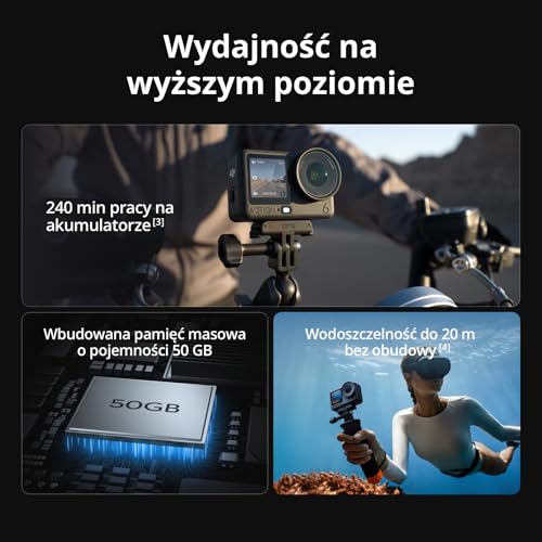 DJI Osmo Action 6 Essential Combo, podwodna kamera sportowa z matrycą kwadratową 1/1,1″ i pamięcią 50 GB, zmienną przysłoną f/2,0–f/4,0, odporna na zimno, 4 godziny pracy na akumulatorze, 8K