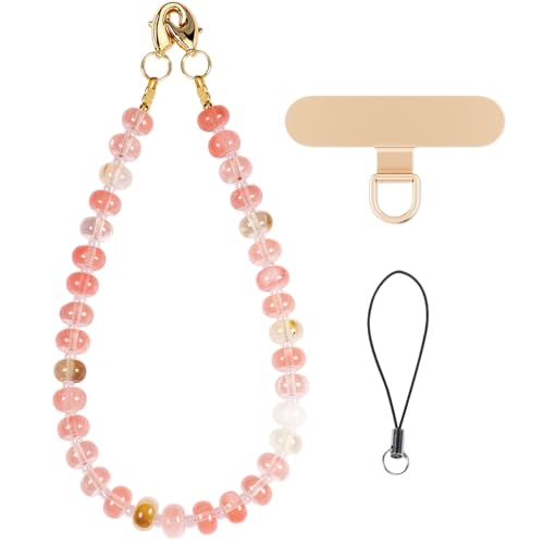 CH.yishi Gemstone Beaded Phone Charm Wrist Strap with Steel Cable Core Stringing, Detachable Phone Bracelet Strap with Metal Tether Tab (Watermelon Tourmaline)
