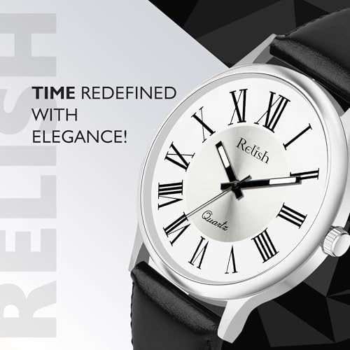 Image of Relish Watch for Men & Boys with Grey & Black PU Leather Strap, Quartz Analog Wrist Watch