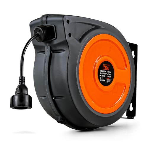 SuperHandy Kabeltrommel 1,5mm² × 15m Industrie Polypropylen Kabeltrommel für außen sehr robust 230V Automatische Kabeltrommel Aufgewickelt 1000W abgewickelt 2000W