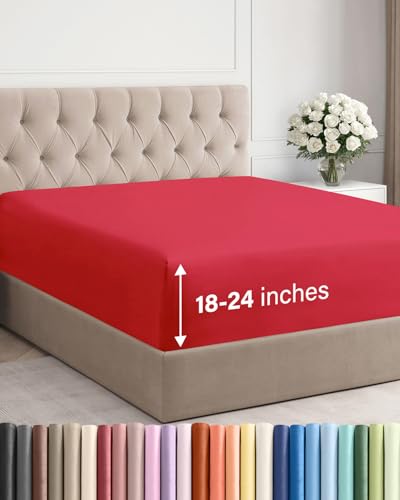 Image of Extra Deep Full Fitted Sheet - Single Fitted Sheet Only - Red | Easily Fits 18 inch to 24 inch Mattress, Soft, Wrinkle Free, Breathable & Comfy, Extra Deep Pockets Hotel Luxury Fitted Sheet