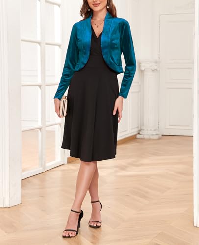 Image of Women's Long Sleeve Velvet Shrug for Dresses Cocktail Party Open Front Cropped Bolero Cardigan Top