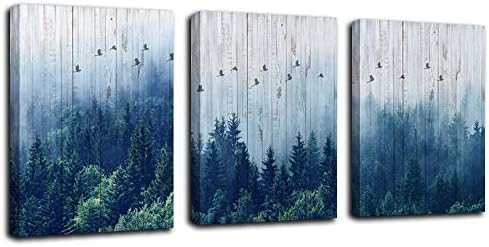 Arjun Mountain Indigo Canvas Wall Art Summer Misty Foggy Forest Pictures Nature Navy Blue Painting Tree Landscape Artwork Framed for Bathroom Living Room Bedroom Home Office Wall Decor, 12"x16"x3 pcs