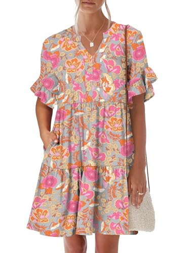 Image of ANRABESS Women's Summer Casual Dress, V-Neck Ruffle Sleeve Tiered Mini Dress, Soft Comfy Fabric with Pockets for All-Day Wear