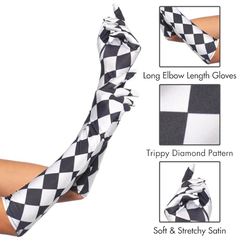 Leg Avenue Women's Satin Harlequin Elbow Length Gloves, Black/White, One Size - Thumbnail 2