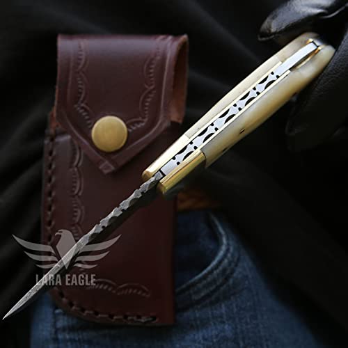 Lara Eagle Damascus Pocket Knife for Men - 133 Layer Solid Steel Handmade Folding Hunting Knives with Sharpner and Leather Pouch - Best Knife for Camping Hunting Hiking - Father’s Day Gifts for Men Husband Dad