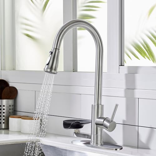 COXOVAY Pull Down Kitchen Faucet with Glass Rinser Single Handle Kitchen Sink Faucet with Pull Out Sprayer, Glass Rinser Faucet for Kitchen Sink 1 Hole or 3 Hole, Brushed Nickel by COXOVAY - Used condition - Image 9