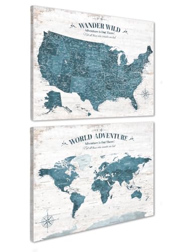 IPIC Vintage Teal World & USA Map Canvas