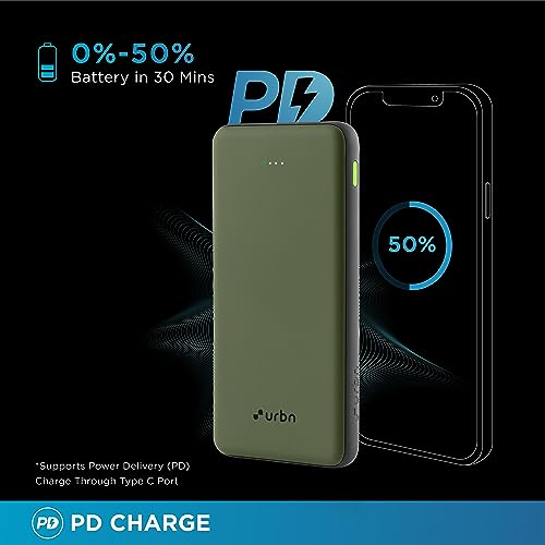 Image of URBN Power Bank 10,000mAh - Ultra Slim, 22.5W Two Way Fast Charging, Triple Output, Dual Type C PD, 12 Layers Circuit Protection, BIS Certified, 6 Months Warranty Free Type C Cable - Camo