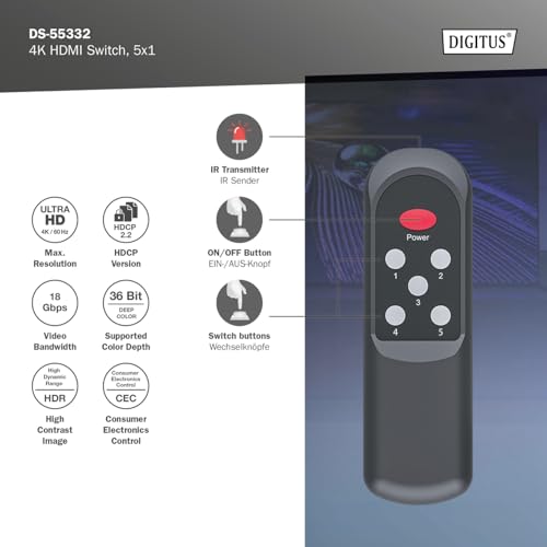Digitus DS-55332 Switch Hdmi 5X1-5 In 1 Out - Uhd 4K/60 Hz Hdtv: 3840 X 2160P - Hdcp 2.2 & Hdmi 2.0 - Hdr, Cec, Deep Color, Dts, Dolby Digital, Lpcm - Per Tv, Monitor, PS5, PS4, Xbox - 6