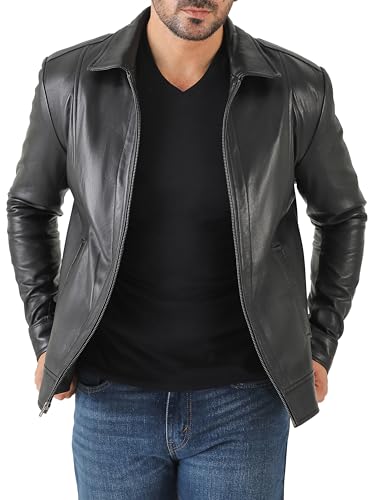 Jild Classic Shirt Collar Leather Jacket Men - John Wick Style Real Lambskin Mens Leather Jacket (John.W-Blk-XL)