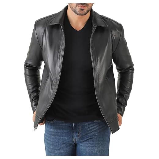 Jild Jaqueta masculina clássica de couro com colarinho - Jaqueta masculina de couro de pele de cordeiro real estilo John Wick, Preto, 4G