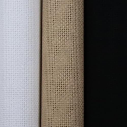 Image of KCS 3 pc of 15 inch x 18 inch(38cmx45cm) 16 Count Cross Stitch Cotton Aida Cloth Needlework Rolled Fabric Box,16CT,White+Khaki+Black