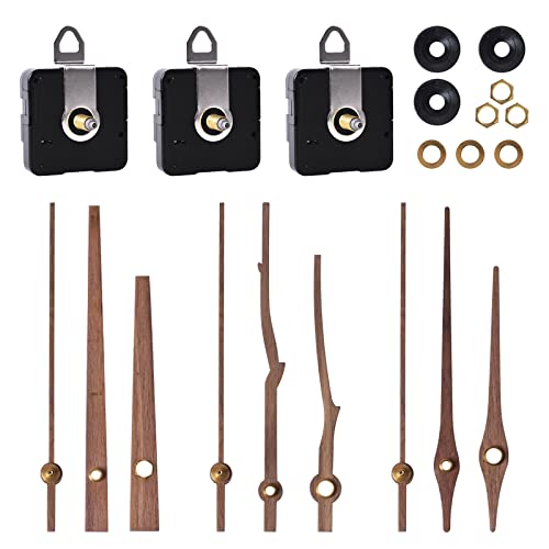 3 zestawy kwarcowego mechanizmu zegarowego i rąk, mechanizm ruchu z drewna orzecha włoskiego, 3 rodzaje, cichy mechanizm zegarowy, zestaw zapasowy do zegara ściennego 12 cali (długi trzon 20 mm)