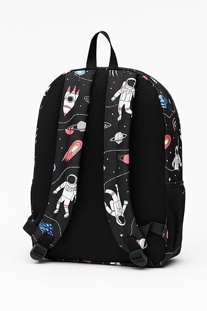 Image of Kids Backpack, Space Explorer Theme, Rocket Print, Black, School Bag for Boys