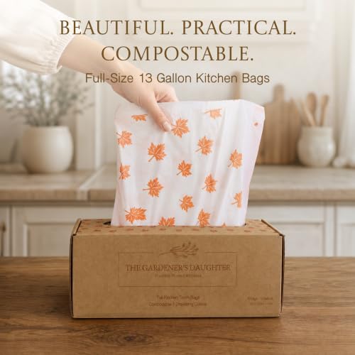 Limited Edition Fall Maple Leaf Compostable Trash Bags By The Gardener's Daughter, 13 Gallon, 30 Count, White, Extra Strength, Drawstring Kitchen Wast_desvips.com