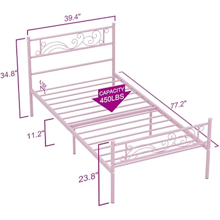 Weehom Metal Bed Frame Twin with Bed Storage,No Box Spring Needed,Heavy Duty Steel Slats Support for Boys Girls Teens Students Adults Pink