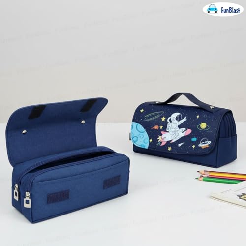 Image of FunBlast Multi-Purpose Pouch - Double Compartment Large Capacity Pouch - Happy Planet Zipper Pencil Case for Kids, Pencil Box for Kids, Stationary Pouch for Students School Supplies (Blue)