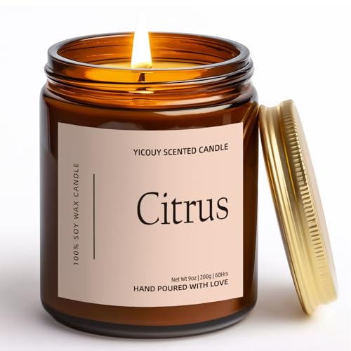 Yicouy Citrus Soy Candles Strong Fragranced Non Toxic, Long Burning Candles Gifts for Women with Essential Oils Luxury Home Scented Aromatherapy (9oz