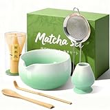 HUSHHAVN Matcha Whisk Set, Ceramic Matcha Set Includes Bowl & Holder, Bamboo Whisk (Chasen), Scoop, Spoon and Sifter, 6PCS Matcha Kit Covers Everything Needed for Making Matcha (Green)