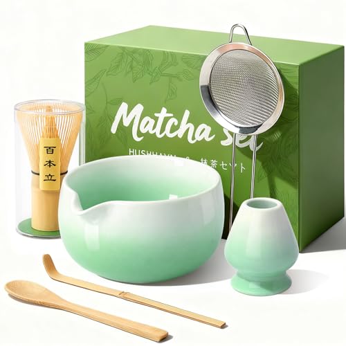 HUSHHAVN Matcha Whisk Set, Ceramic Matcha Set Includes Bowl & Holder, Bamboo Whisk (Chasen), Scoop, Spoon and Sifter, 6PCS Matcha Kit Covers Everything Needed for Making Matcha (Green)