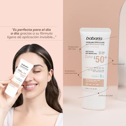Babaria - BB Cream Anti Manchas | Crema Hidratante Con Color Multiprotección | Crema Solar Facial 50 Con Color | BB Cream Spf 50 | Vitamina B3 Y Protección Muy Alta - imagen 4