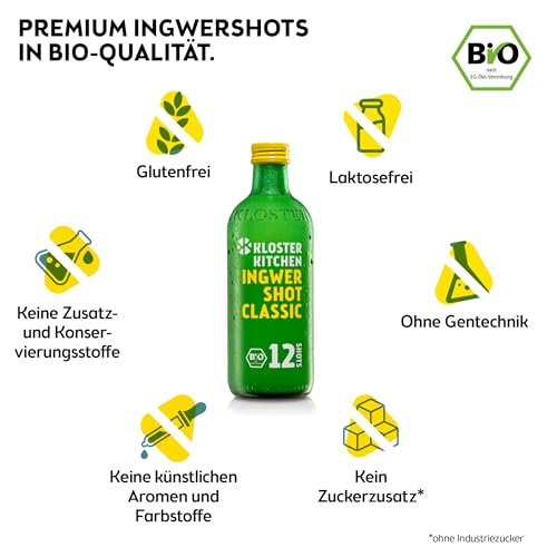 Kloster Kitchen Bio Ingwer Shot Probierset L I 5 Sorten 5x 360 ml + 5x 30 ml mit echten Ingwerstückchen I Geschenkset Ingwershot vegan I süß-scharf & mit natürlicher Süße (inkl. 1,25€ EINWEG Pfand)
