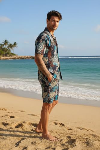 Image of Zilcon Men's Matching Set Summer Beach 2 Piece Outfits Floral and Palms Button Down Shirts and Shorts Goa Vacation Outfits