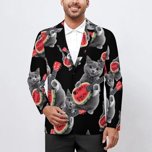 Cat Play Watermelon Guitar Casual Men's Blazers Two Button Lapel Suits Jacket Lightweight Sport Coats2