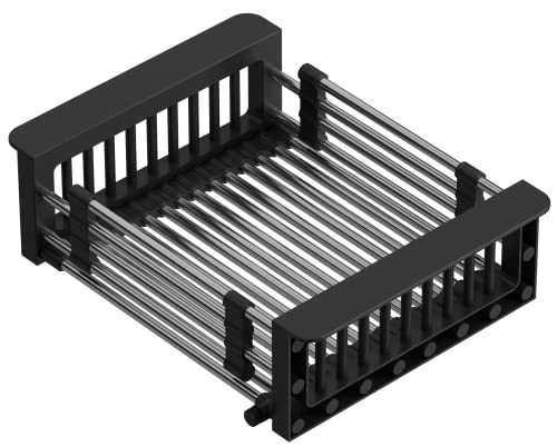 QUADRON Cestello scolapiatti, scolapiatti per lavello | dimensioni 30 x 22,5 x 10 cm nero | scolapiatti telescopico in acciaio inox | per il risciacquo per frutta e verdura