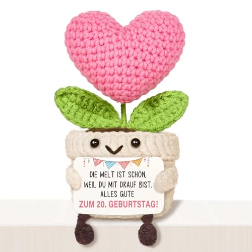 Giftasy 20. Geburtstag Frau - Handgemachte Gehäkelte Herzblume mit Energiekarte, Geschenk 20. Geburtstag Frau Freundin Schwester