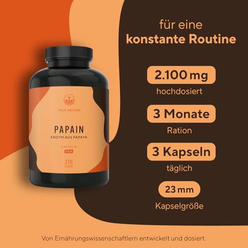 Papaya Enzym Kapseln - Hochdosiert: 2100mg Papain Extrakt - 180 Kapseln - Papain Enzymaktivität: 6 mio. Units/g - Vegan, Deutsche Produktion - TRUE NATURE®