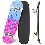 Skateboard Colorful Ice Cream Cone Dripping Blue Frosting Sprinkles Complete Skateboard 7 Layer Maple Wood Deck 31' x 8' Double Kick Concave Skateboards for Grandkids