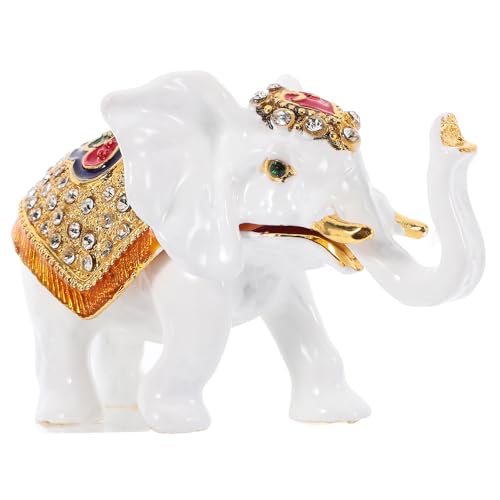 CHILDWEET Caja de Joyería Metálica Esmaltada Blanca Bisagras Soporte para Anillos y Collares Caja Decorativa de Elefante Pintada a Mano para Almacenamiento en Hogar Organizador de Joyas