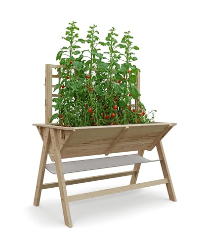 52x30x54In Elevated Garden Bed with Legs, Tall Wooden Planter Box with Climbing Trellis, Outdoor Standing Raised Bed for Vegetables, Flowers, and Herbs-Natural