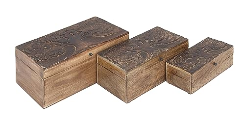 Deco 79 Mango Wood Floral Handmade Decorative Box Decorative Keepsake Boxes with Hinged Lid, Set of 3 Storage Boxes 8", 10", 12"W, Brown