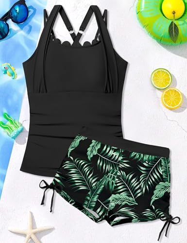 Image of Girls Swimsuit 2 Piece Halterneck Cross Straps Girls Tankini Top Drawstring Prints Shorts Bathing Suit for Teens 9-16Y