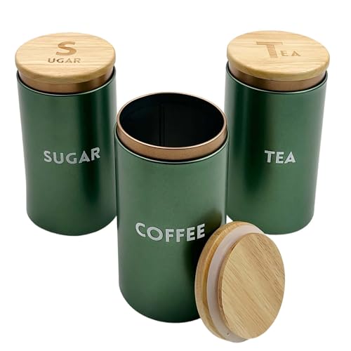 Daily Treasures Set of 3 Airtight Tea Coffee and Sugar Canisters with Wooden Lids - Sage Green Matte Steel Storage Jars for Kitchen Countertop, Easy-to-Open Airtight Lids - Vintage Tin Caddy