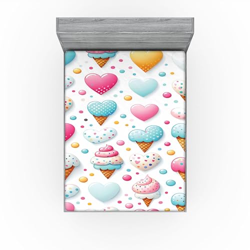 Ambesonne Ice Cream Fitted Sheet, Delicate Pattern of Colorful Design Dots and Hearts on Plain Back Cartoon, Bed Cover with All-Round Elastic Pocket for Comfort, California King, Pink Blue Apricot