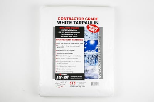 Canadian Tarpaulin 20' x 30' Heavy Duty White Poly Tarp – Waterproof, UV-Protected, 4.25 oz/yd² Contractor Grade with Reinforced Corners & Rust-Proof Grommets for Outdoor, Construction & Camping Use