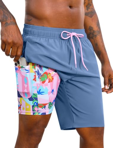 SILKWORLD Mens Swim Trunks with Compression Liner Swim Shorts Swimming Trunks Stretch 9 Inch Swim Suits Quick Dry, Light Blue, X-Large