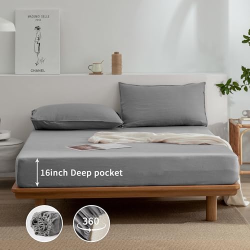 EVERLY Linen Sheets Set King Size,100% French Stonewash Pure Linen Sheets Set,4Pieces (1Flat Sheet,1Fitted Sheet,2Pillowcase) Suitable for Hot Sleepers,Deep Pocket Natural Bedding Set-Light Grey