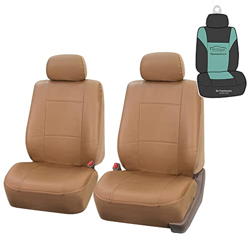 FH Group Car Seat Covers PU Leather Automotive Seat Covers Front Set, Tan Seat Covers Pair Set with Gift Universal Fit Interior Accessories for Cars Trucks and SUVs
