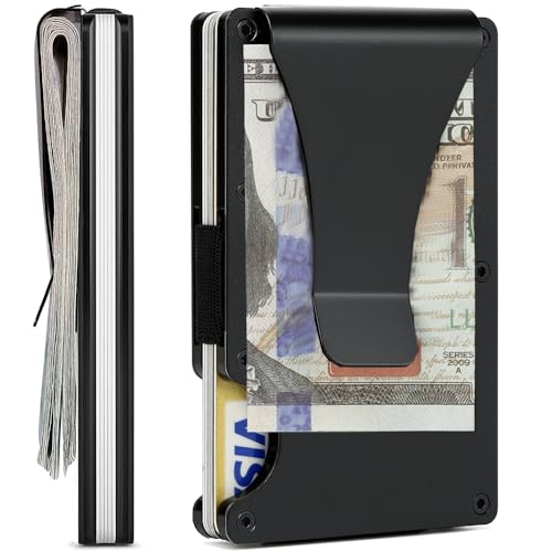 Image of Minimalist Wallet for Men, Slim Metal RFID Blocking Wallet Credit Card Holder Money Clip & Cash Strap, Scratch-Resistant Holds 15 Cards,Ideal Gift for Men | Matt Black