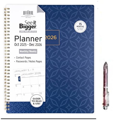PlanAhead See It Bigger from Oct 2025-Dec 2026 Weekly Monthly Planner, Large Size (9.75' x 11') and 6 in 1 Multicolor Ballpoint Colorful Ink Pen from TheBeliver. (BLUE)