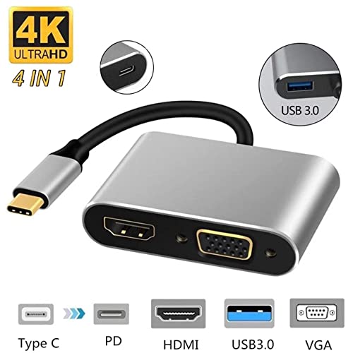 Image of USB HUB C to HDMI Adapter 4 in 1 USB C HUB with 4K HDMI, VGA, Type C & USB 3.0 Converter Charging Cable Port Adapter Compatible with 1080P, 1080I, 720P (RT4n1HD2)
