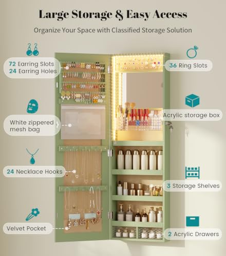 Image of Vlsrka LED Mirror Jewelry Cabinet, Over Door /Wall Mounted Jewelry Organizer