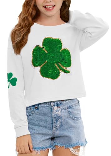 Image of Tween Girl St. Patrick's Irish Lucky Four Leaf Clover Sequin Crop Top Green White Long Sleeve Shirt 10 Years