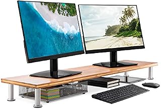 Large Dual Monitor Stand for Computer Screens - Solid Bamboo Riser Supports The